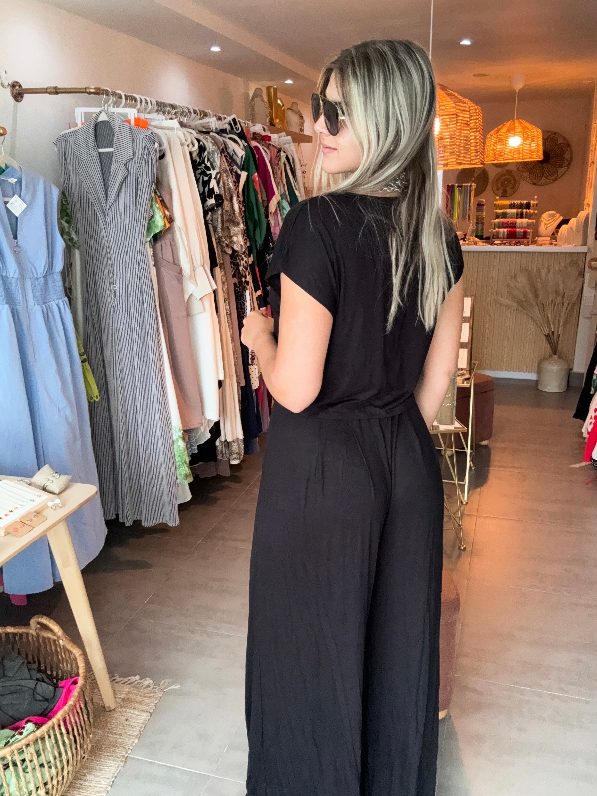 BLACK V-NECK TOP & WIDE LEG PANT SET
