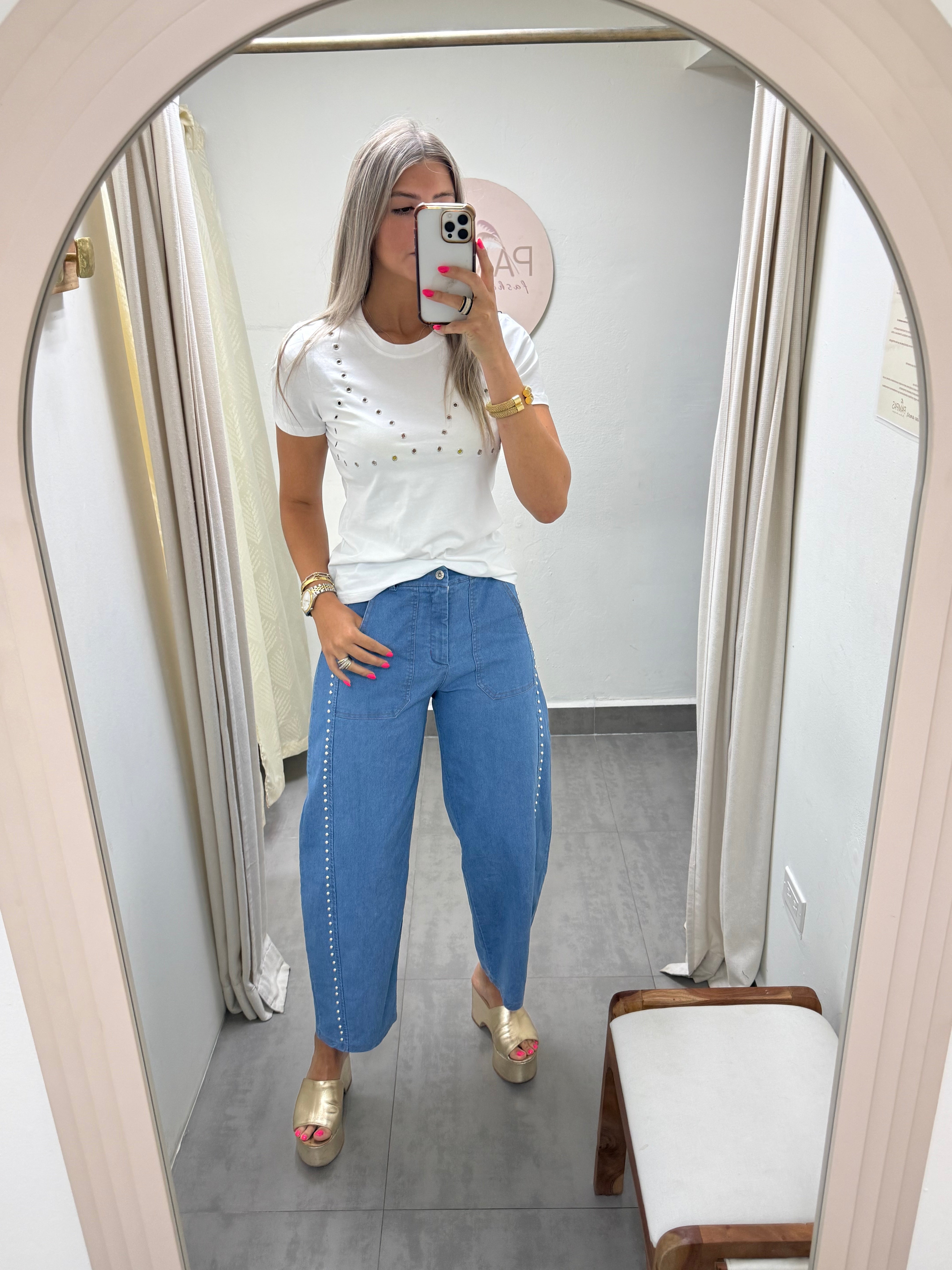 LIGHT BLUE STUDDED BARREL PANTS