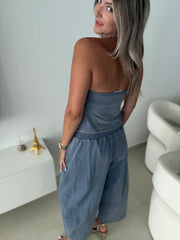 BLUE MINERAL WASH STRAPLESS ASYMMETRIC BLOUSE