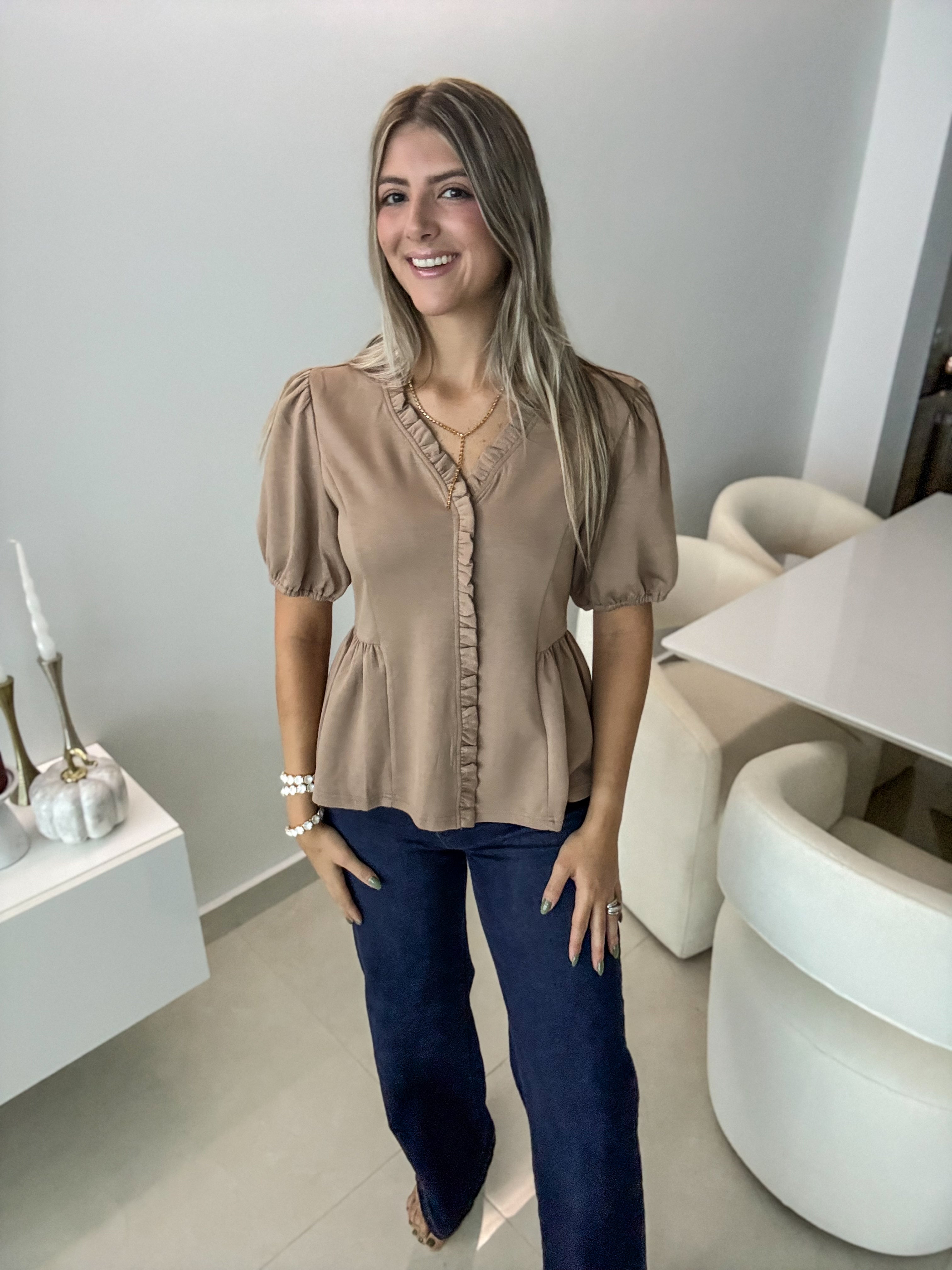 MOCHA RUFFLE MODAL BLOUSE
