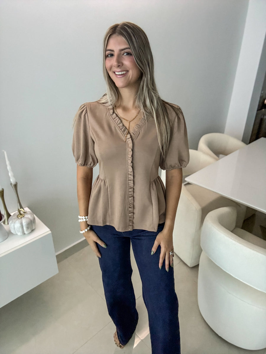 MOCHA RUFFLE MODAL BLOUSE