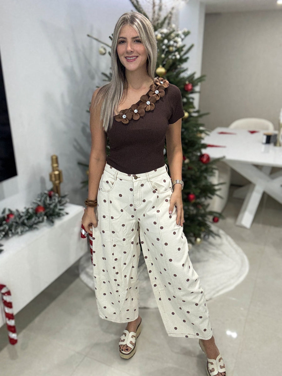 BROWN ONE SHOULDER FLOWER BODYSUIT