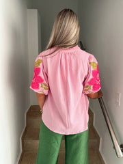 PINK FLOWER EMBROIDED BUBBLE SLEEVE BLOUSE