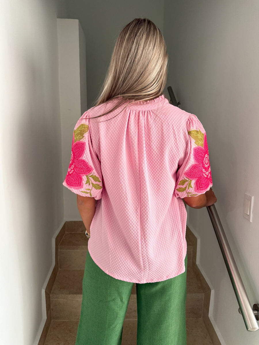 PINK FLOWER EMBROIDED BUBBLE SLEEVE BLOUSE