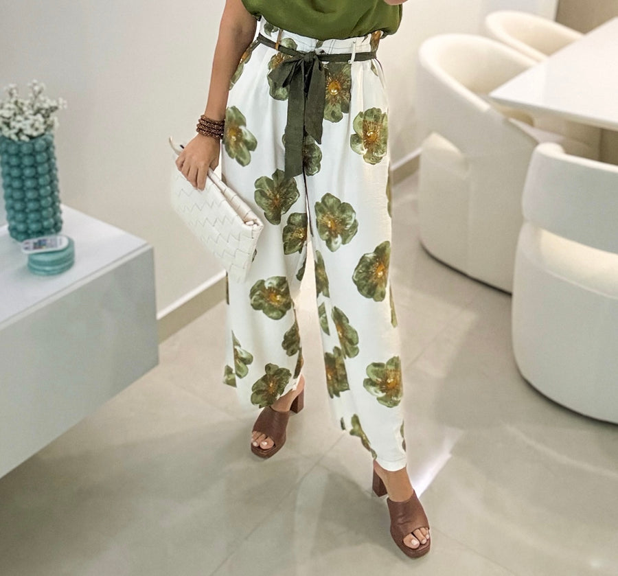 OLIVE PRINTED LONG PANTS