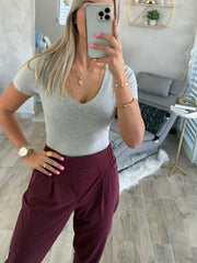 GRAY RIBBED V-NECK SHORT SLEEVE BODYSUIT