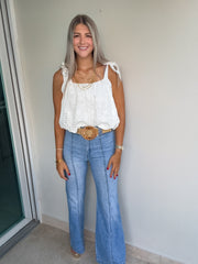 WHITE EYELET BUBBLE CROP TOP