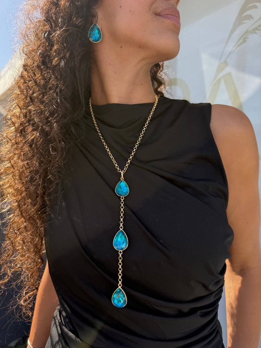 LONG GEM DROP NECKLACE SET ALL AQUA