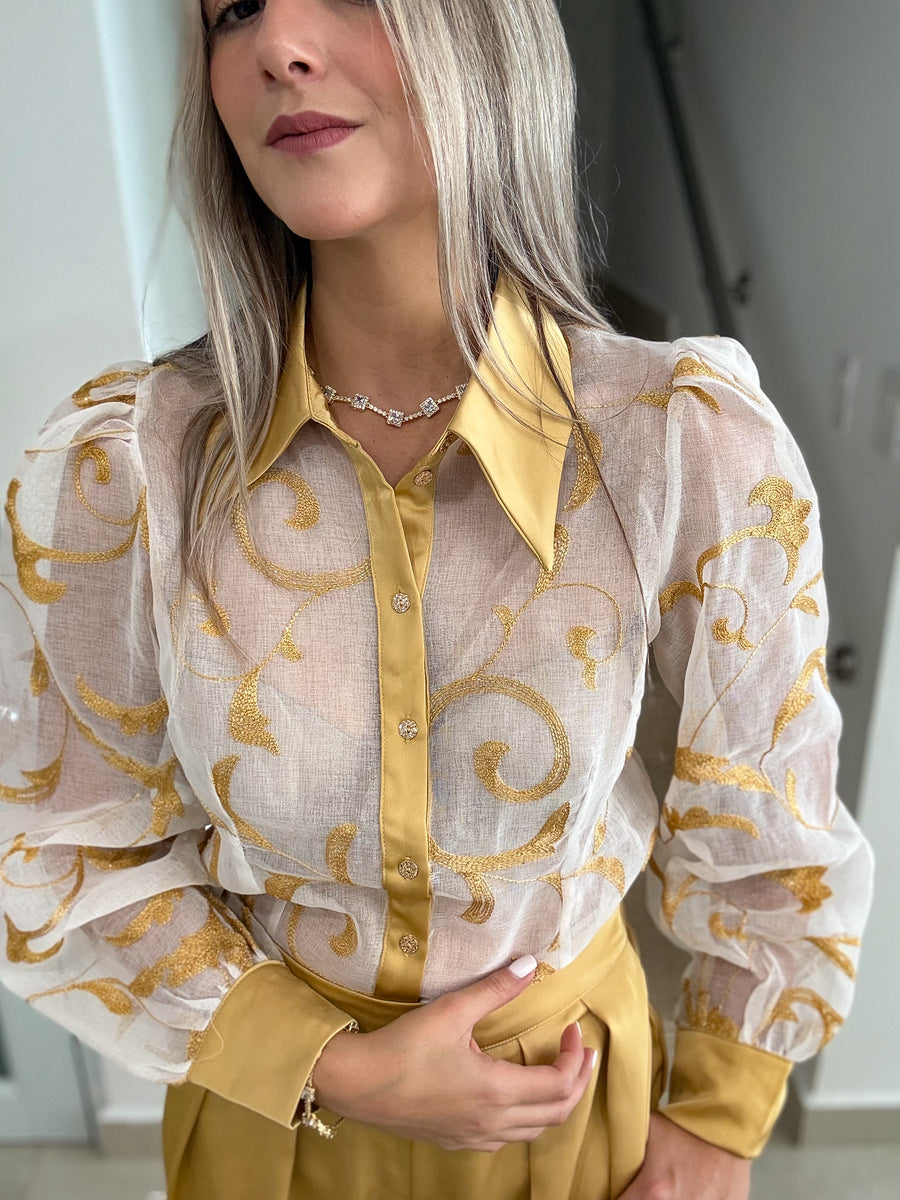 GOLD ORGANZA TOP & SATIN PANT SET