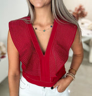 RED/WHITE STITCH RUFFLE V-NECK TOP
