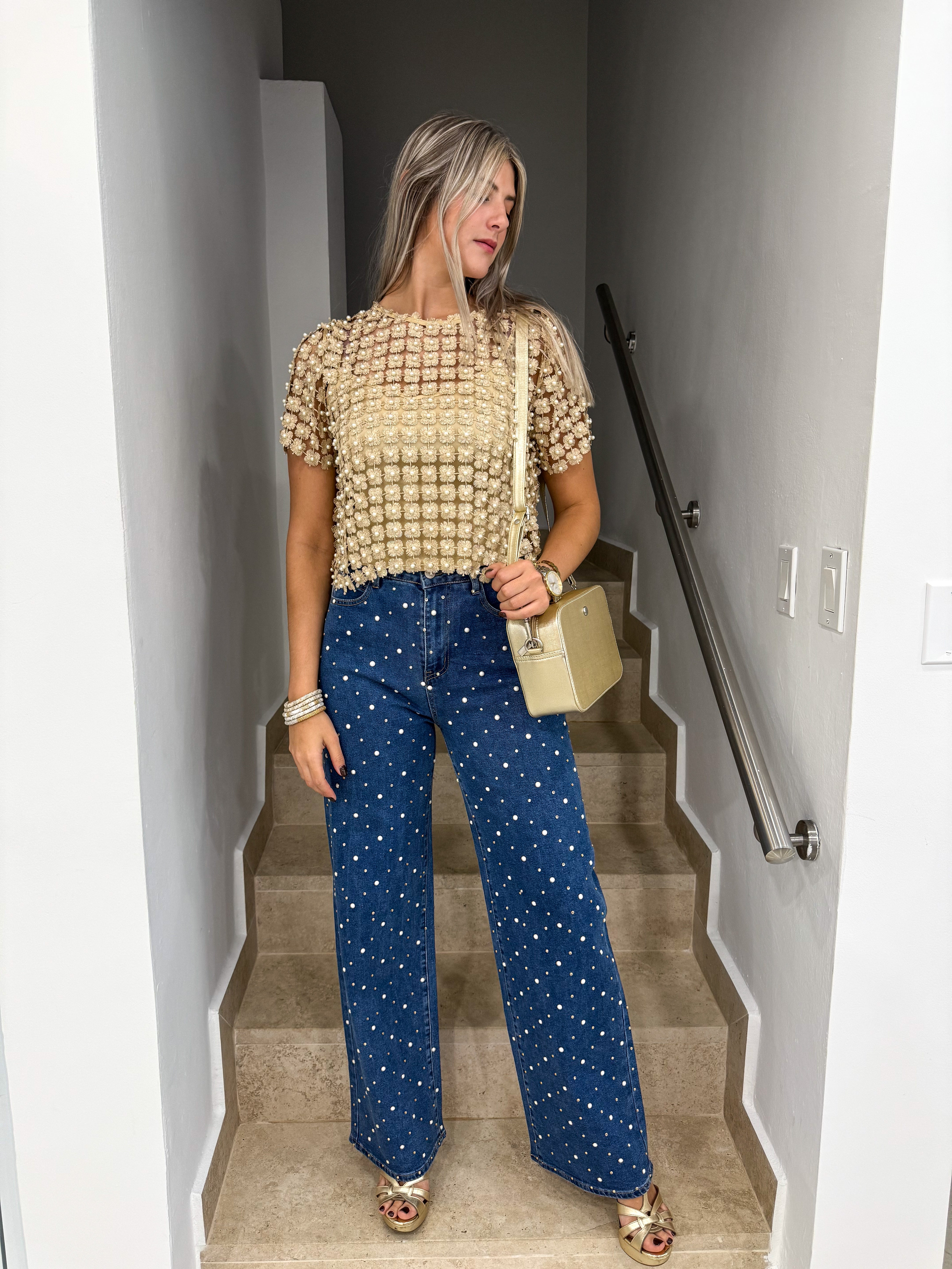 PEARL/RHINESTONES STRETCHY LONG JEANS