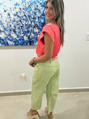 LIME GREEN/ CORAL ROPE STRIPED BARREL JEANS