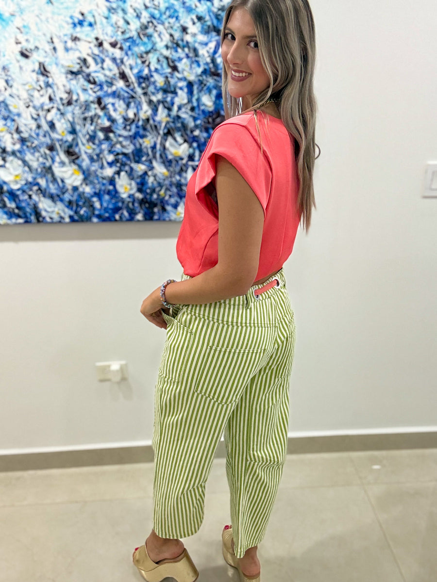 LIME GREEN/ CORAL ROPE STRIPED BARREL JEANS