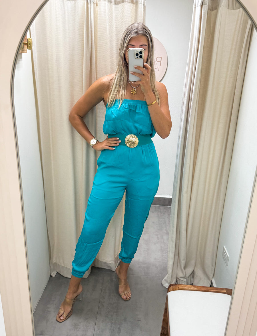 STRAPLESS TIE WAIST JOGGER JUMPSUIT