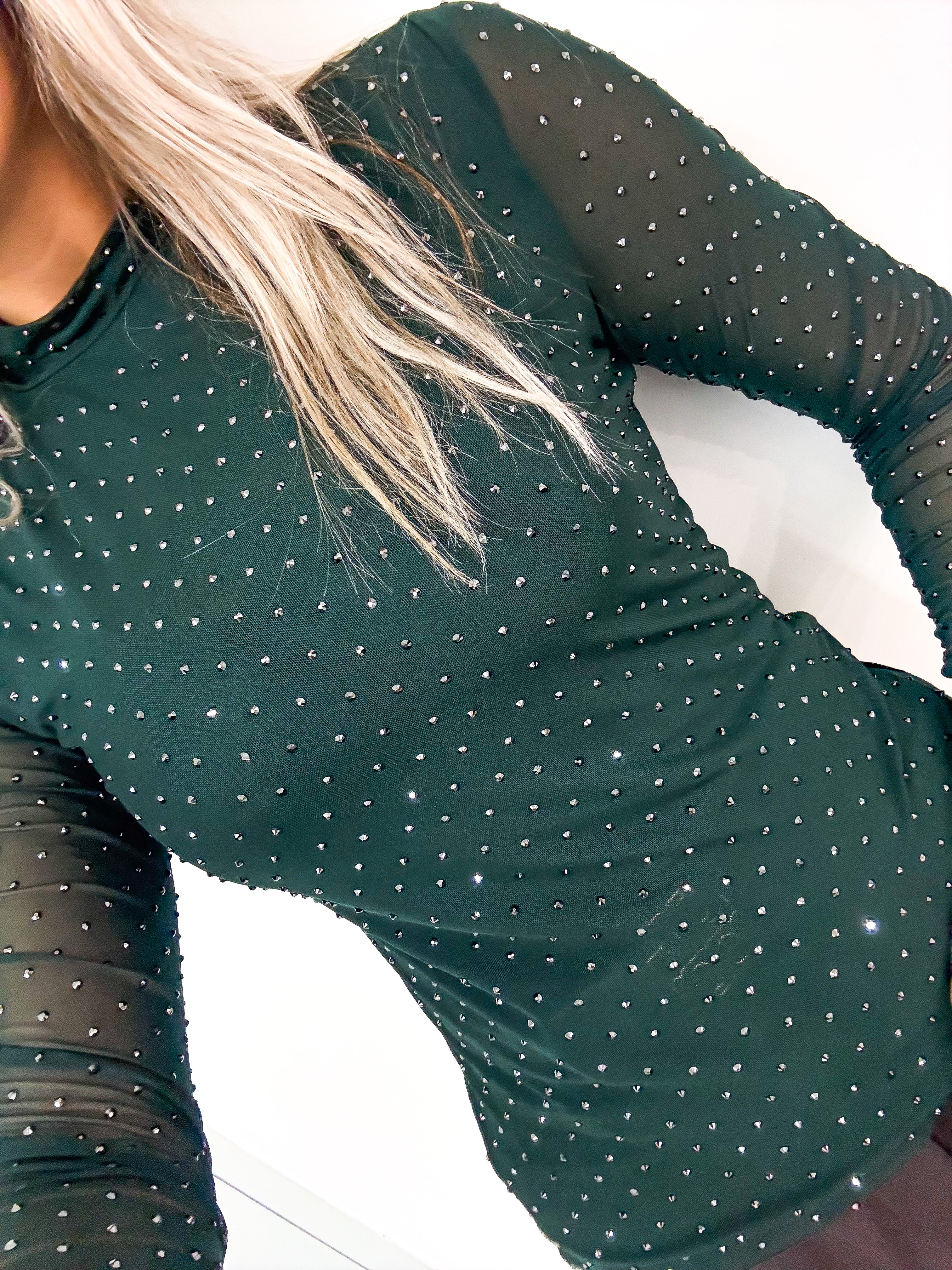 HUNTER GREEN MESH RHINESTONES BLOUSE