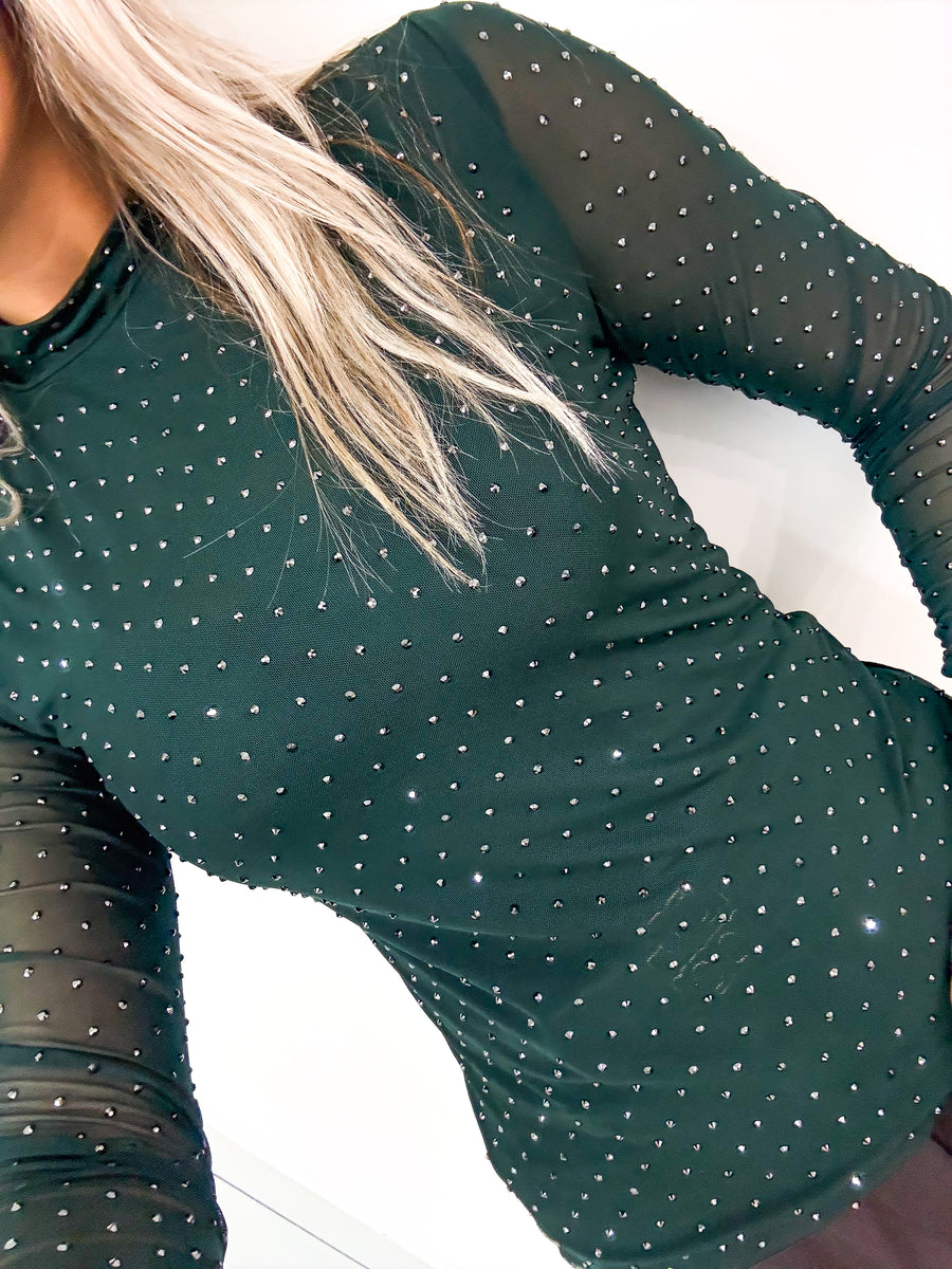 HUNTER GREEN MESH RHINESTONES BLOUSE