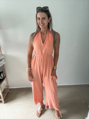 PEACH GAUZE HALTER JUMPSUIT