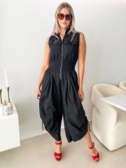 BLACK ZIPPER FRONT BARREL JUMPSUIT