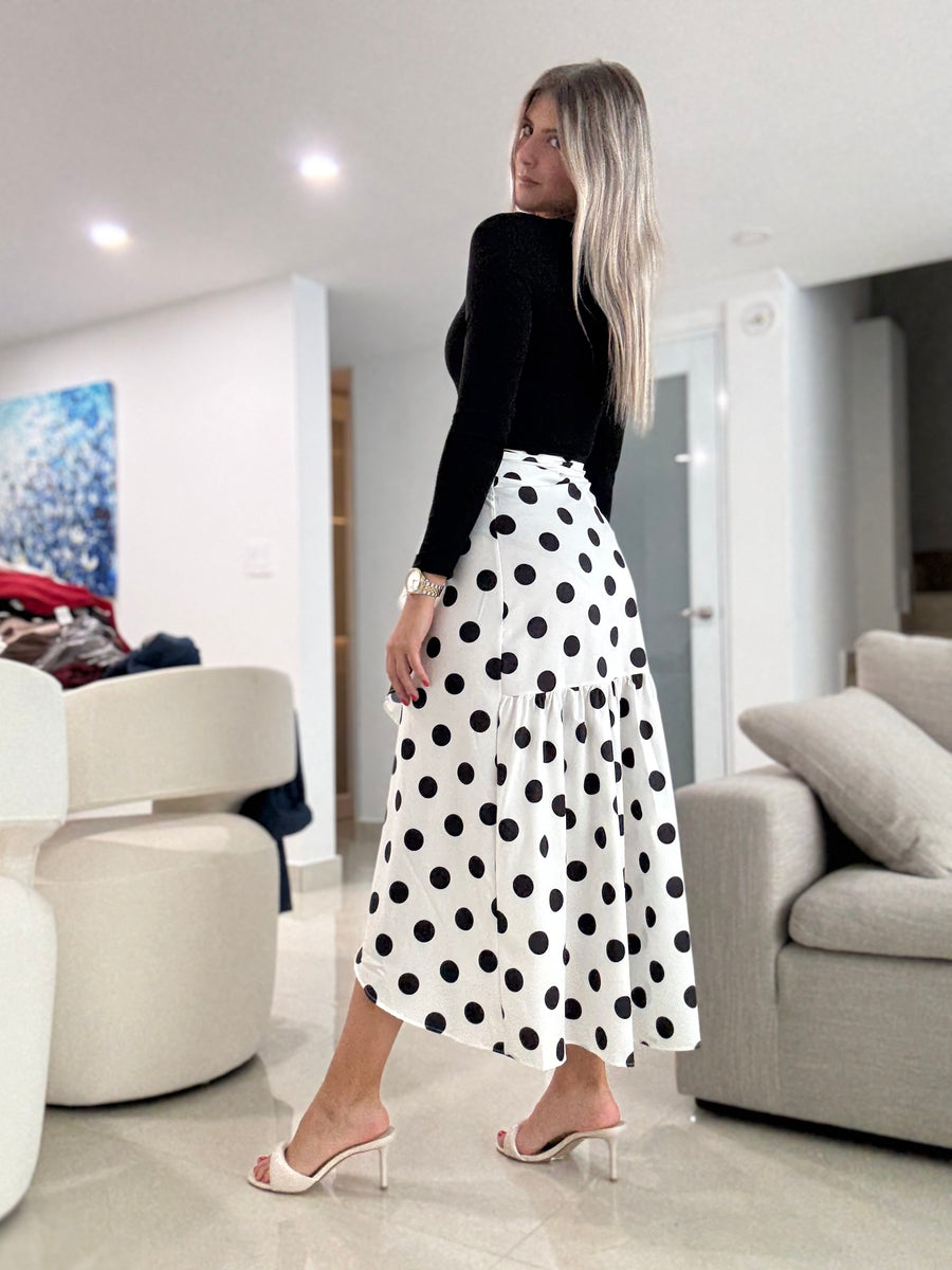 WHITE/BLACK POLKA DOT WRAP AROUND SKIRT