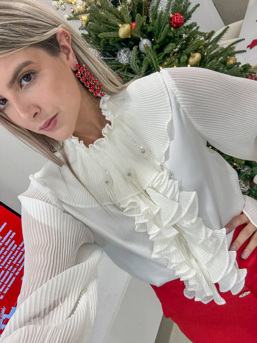 WHITE PLEATED EMBELLISHED BLOUSE