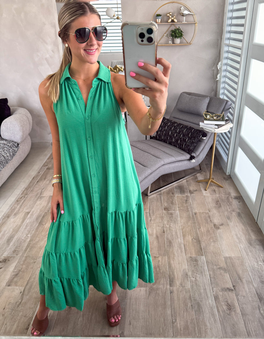 GREEN HALTER SLEEVELESS MIDI DRESS