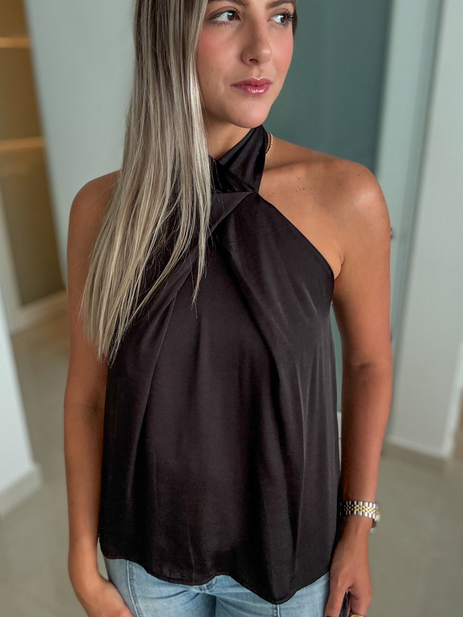 BLACK HALTER SATIN BLOUSE