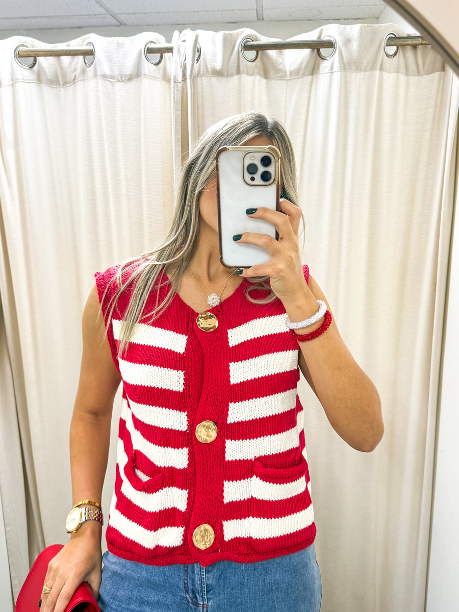 RED/WHITE STRIPED GOLD BUTTON WOVEN BLOUSE