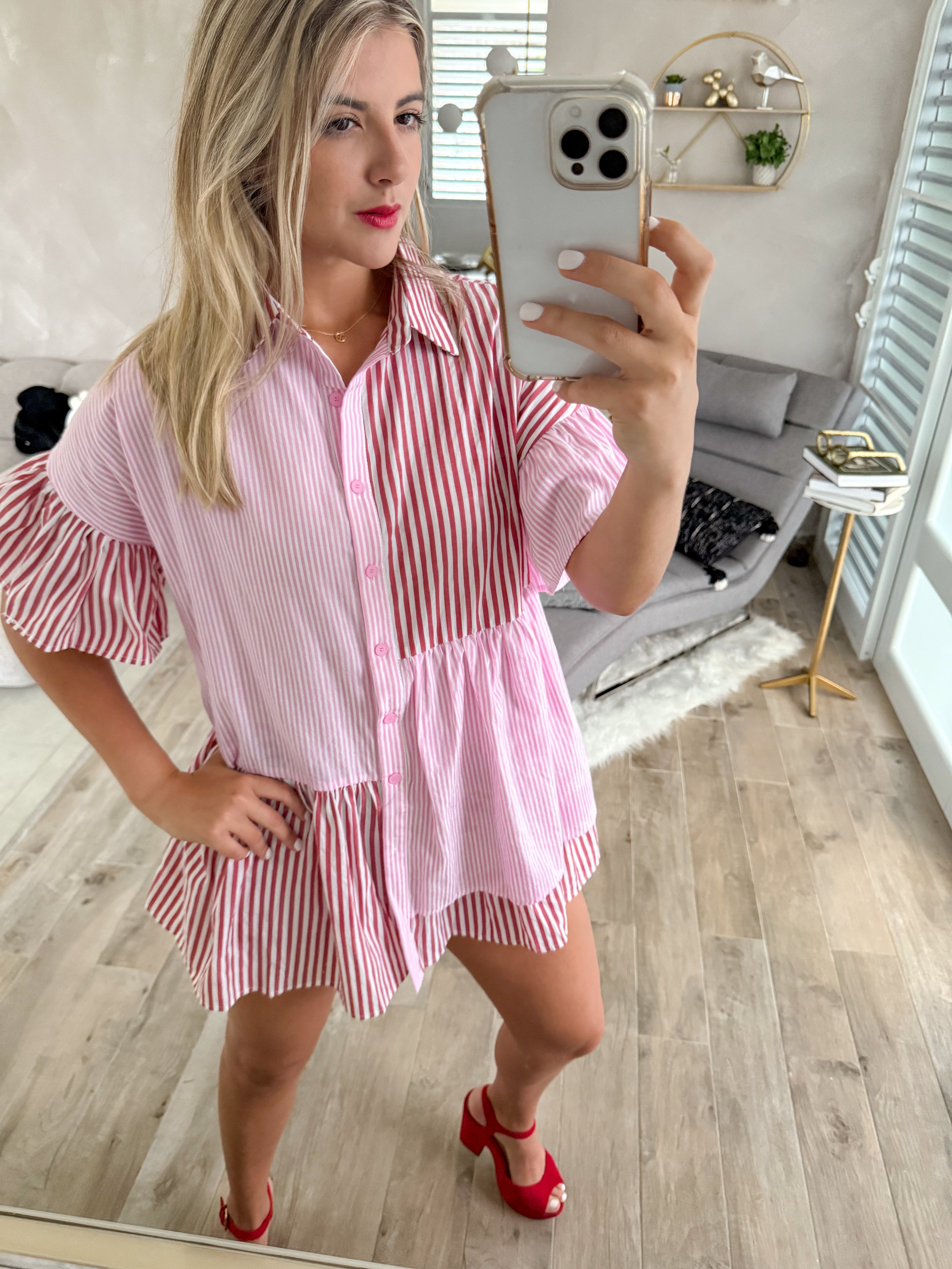 RED/PINK WOVEN STRIPED DRESS