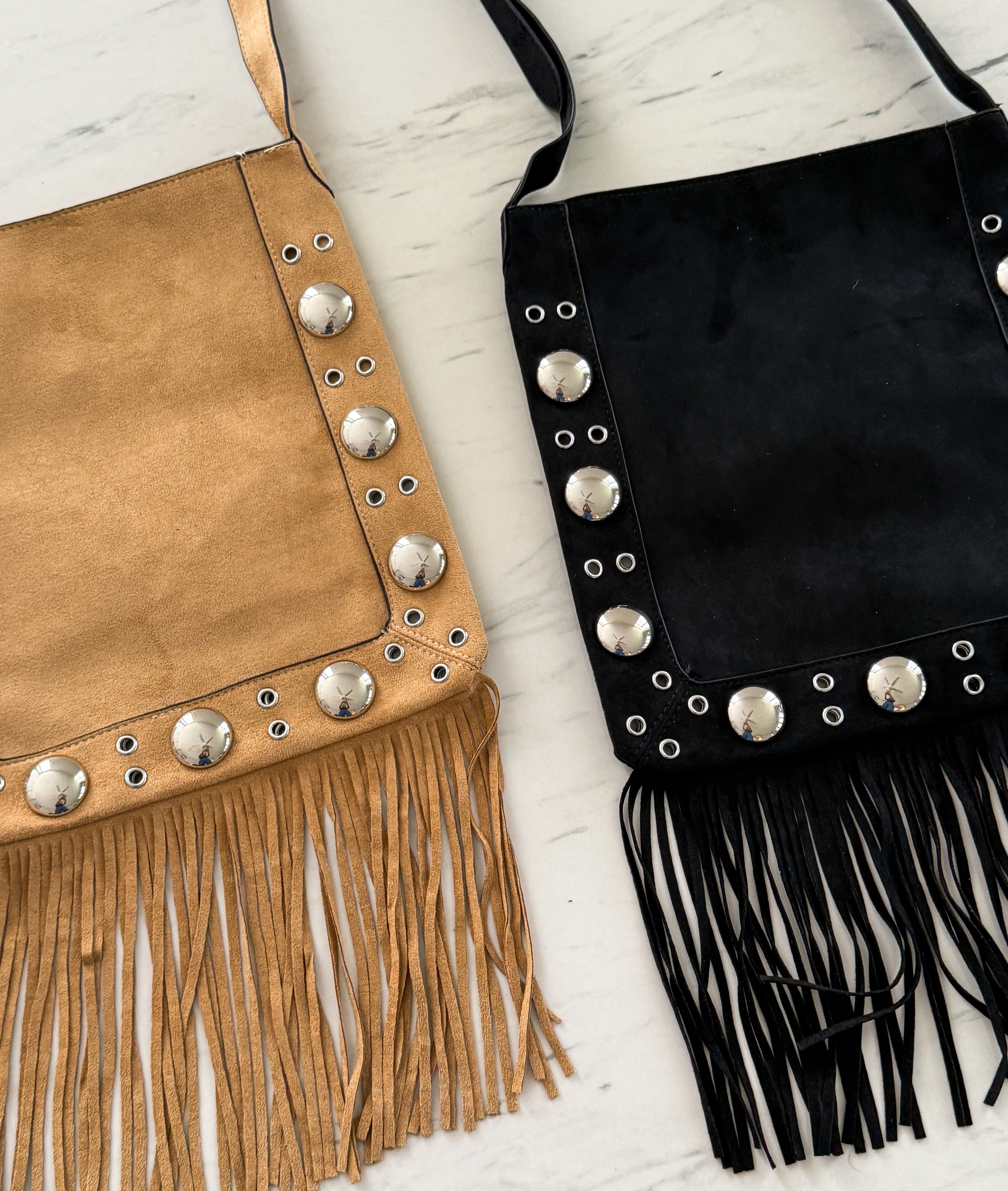 FRINGE STUDDED SUEDE CROSSBODY BAG