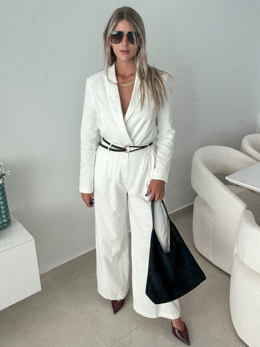 WHITE WIDE-LEG BELTEN TAILORED TROUSER PANTS