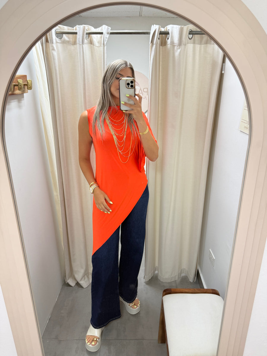 PIA NEON ORANGE ASYMMETRIC BLOUSE