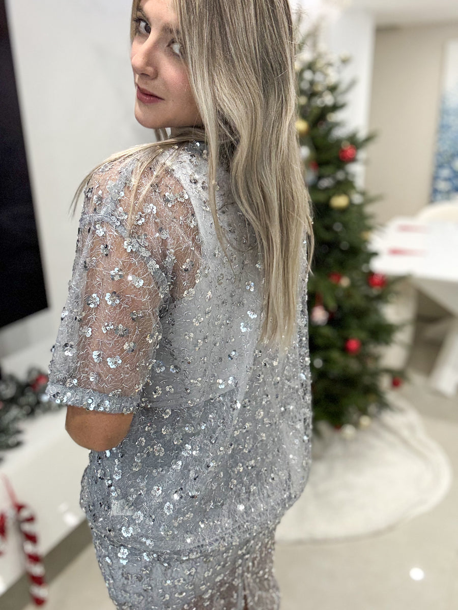 BLUE SILVER SEQUIN BLOUSE