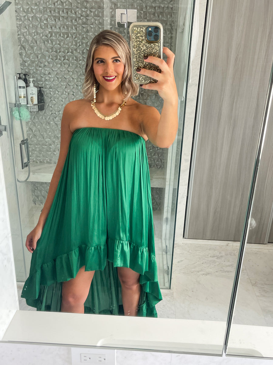 KELLY GREEN SATIN STRAPLESS HIGH LOW DRESS