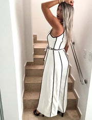 WHITE/BLACK HALTER JUMPSUIT