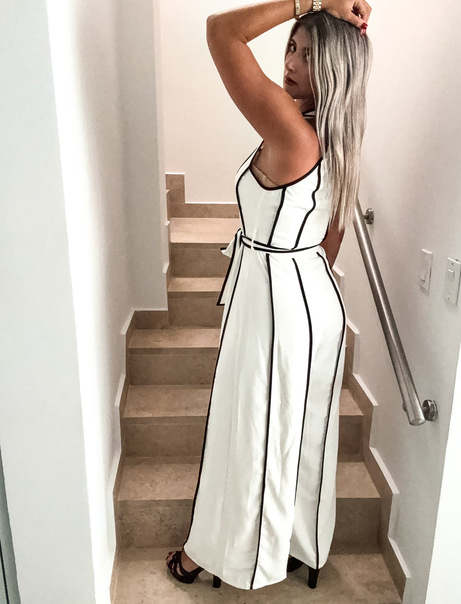 WHITE/BLACK HALTER JUMPSUIT