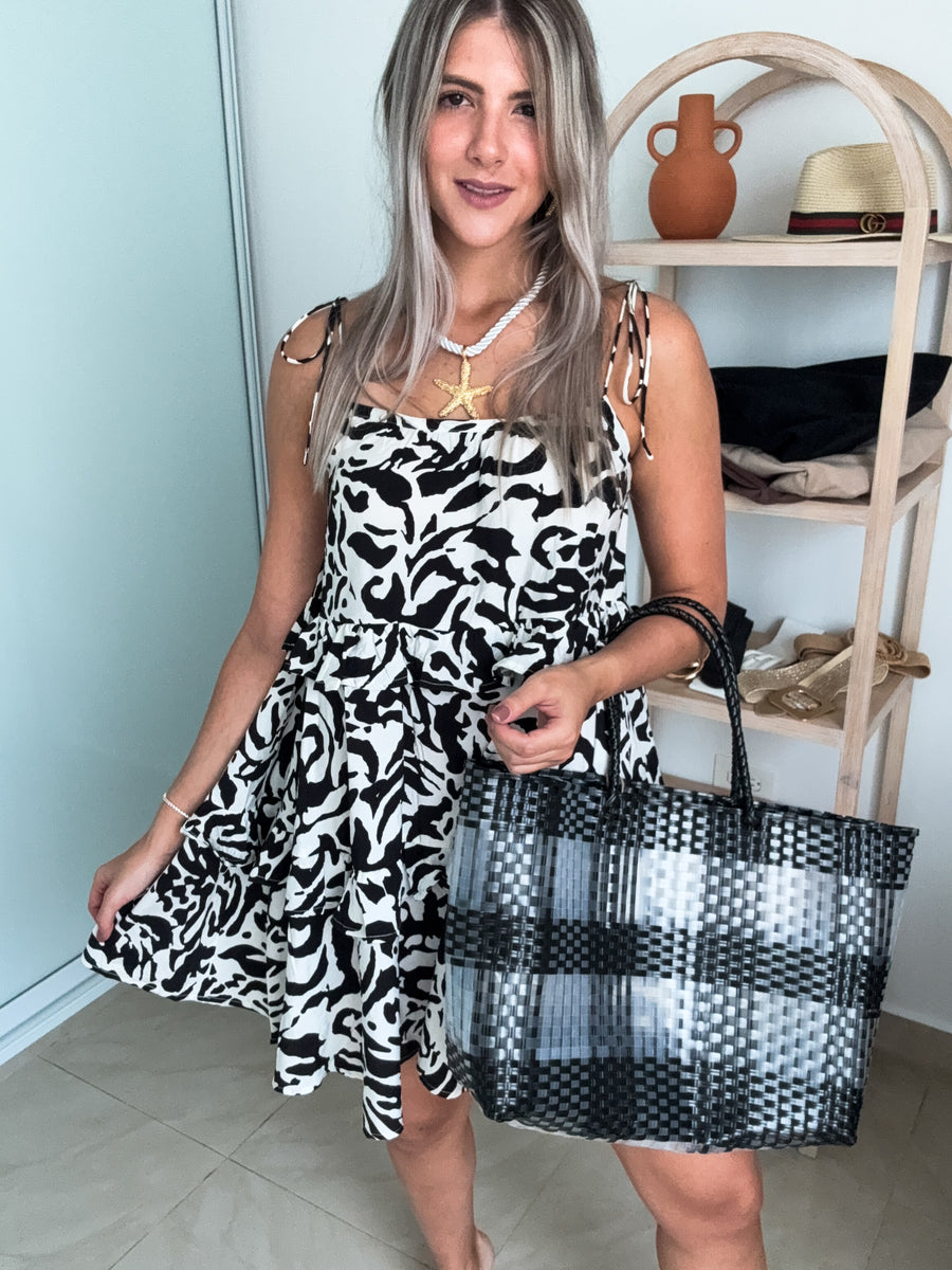 BLACK/IVORY PRINTED RUFFLE DRESS