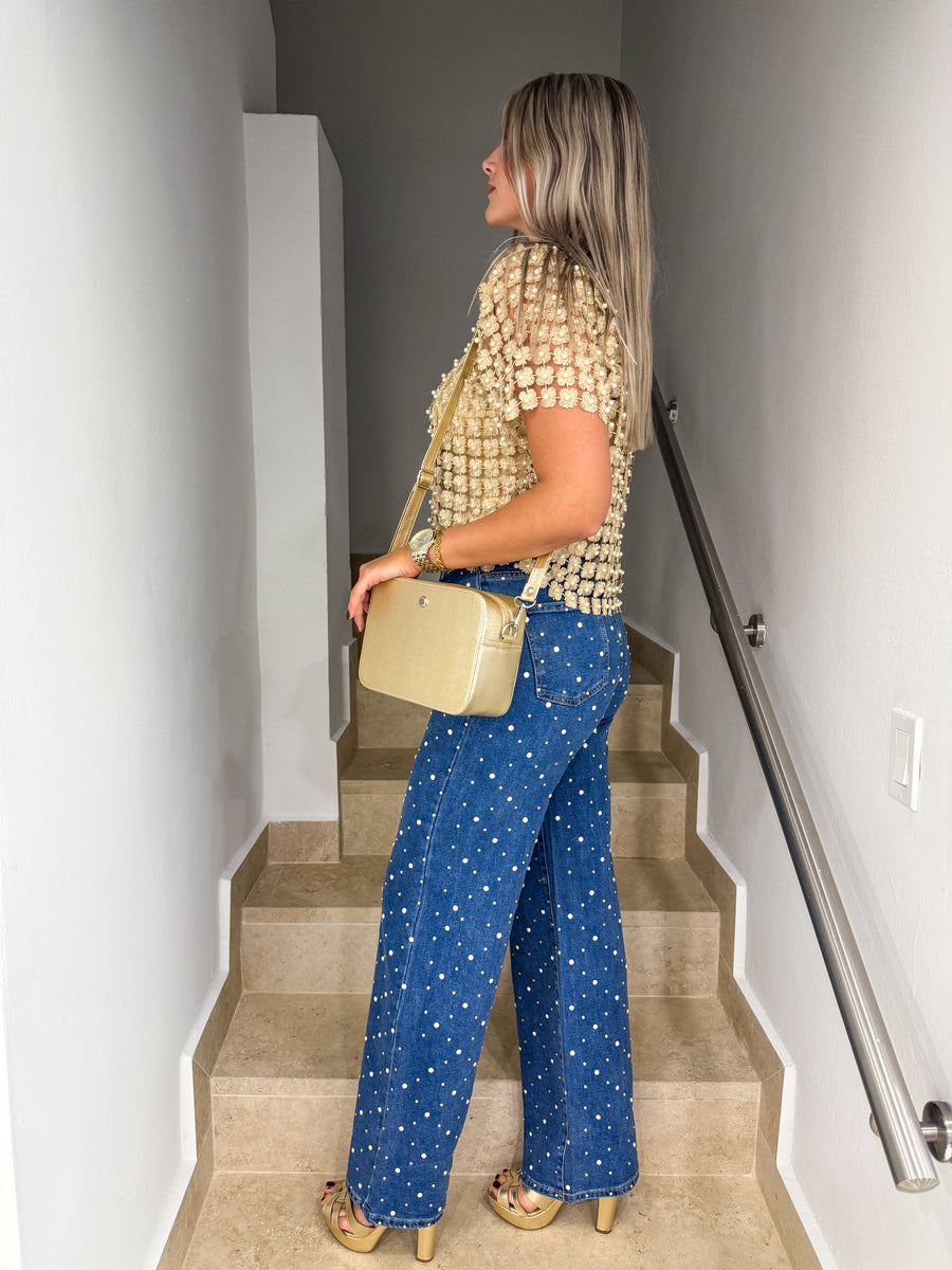 PEARL/RHINESTONES STRETCHY LONG JEANS