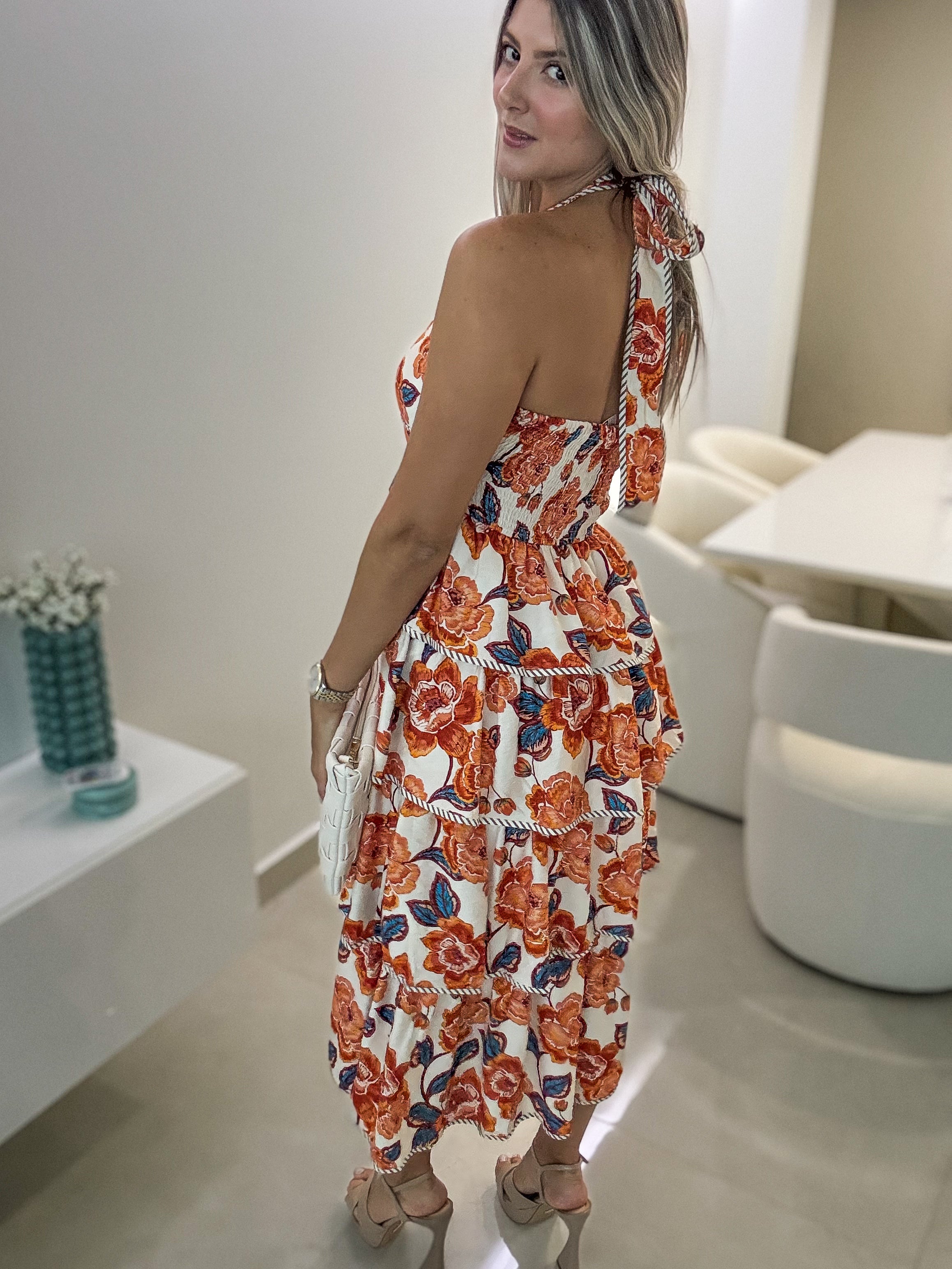 ORANGE/DENIM HALTER PRINTED RUFFLE MIDI DRESS
