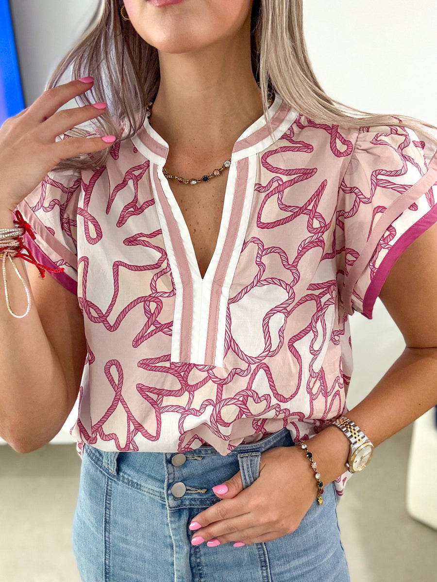 PINK MIX PRINTED RUFFLE SLEEVES BLOUSE
