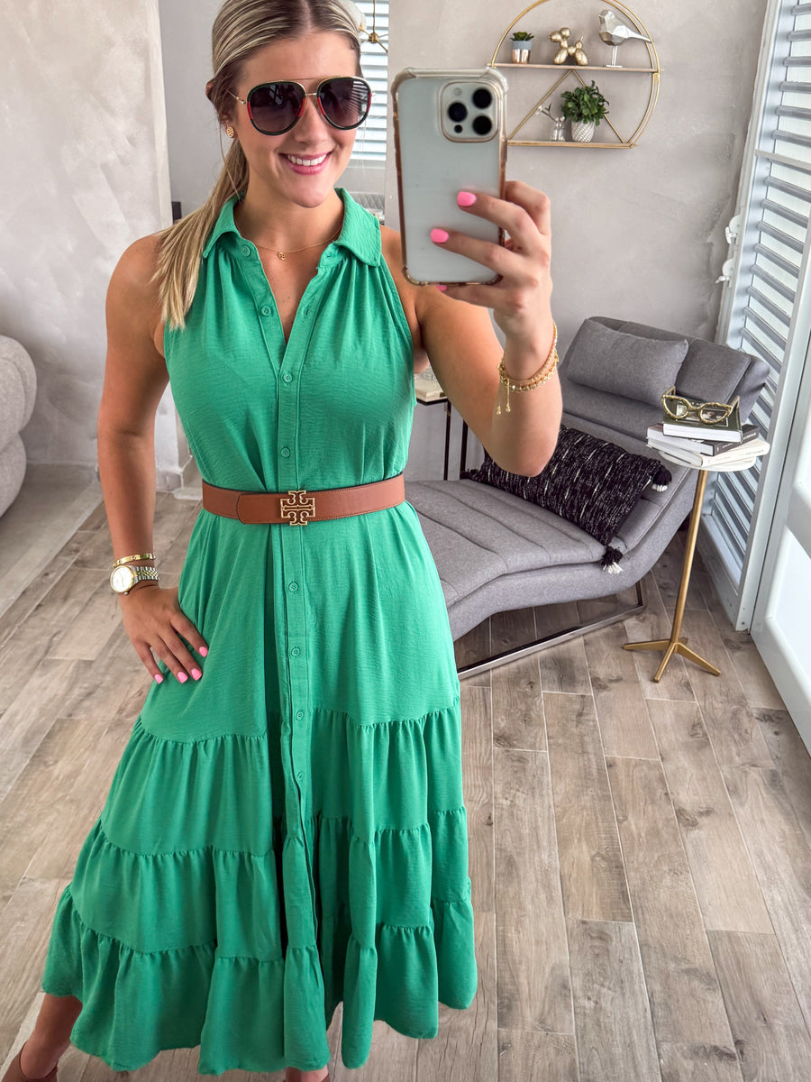 GREEN HALTER SLEEVELESS MIDI DRESS