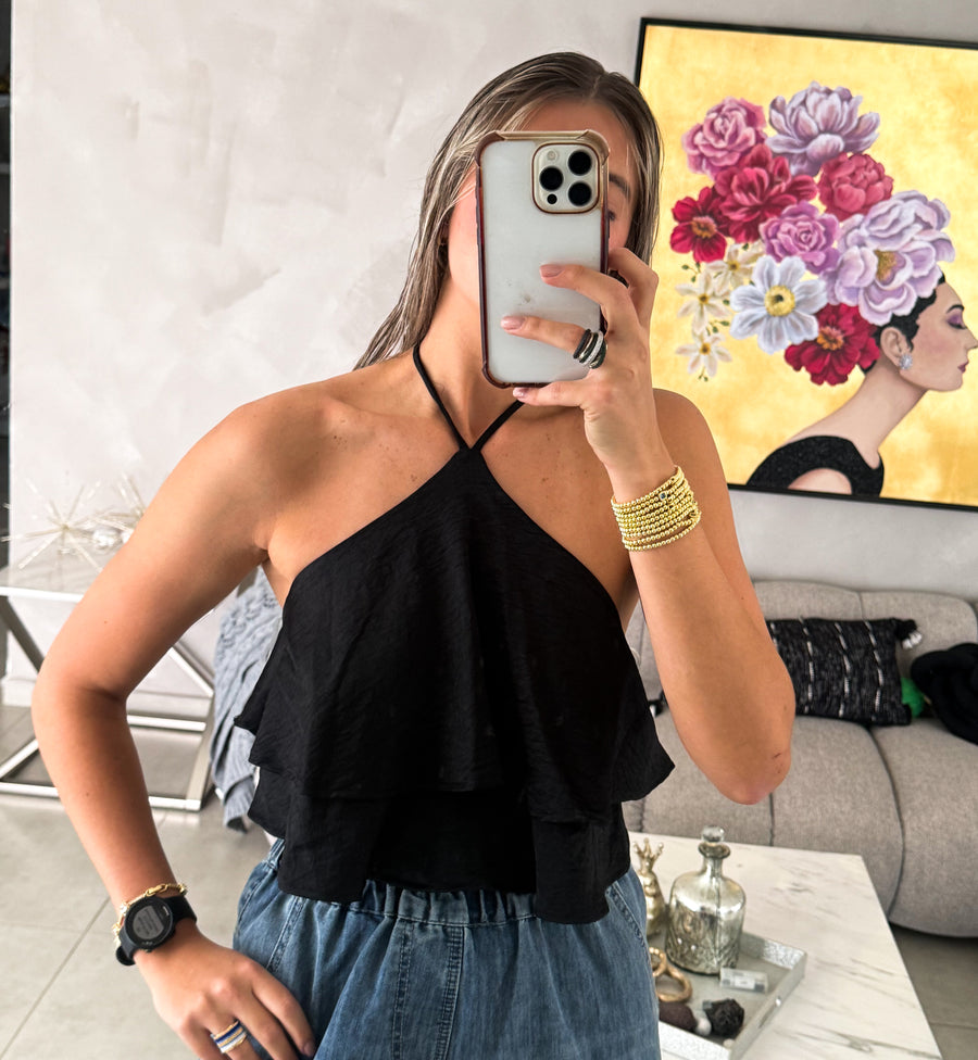 BLACK RUFFLE HALTER CROP TOP