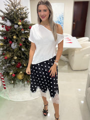 SATIN/LACE POLKA DOT MIDI SKIRT