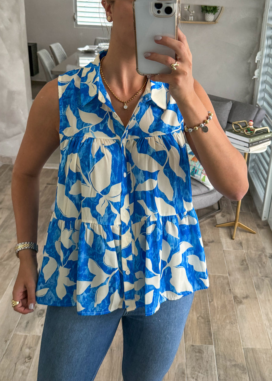 BLUE PRINTED SLEEVELESS BLOUSE