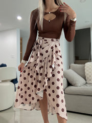 BEIGE/BROWN POLKA DOT WRAP AROUND SKIRT