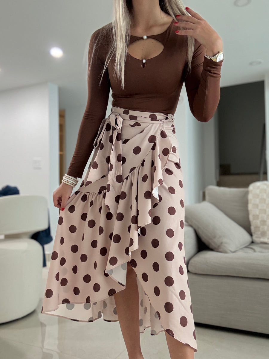 BEIGE/BROWN POLKA DOT WRAP AROUND SKIRT