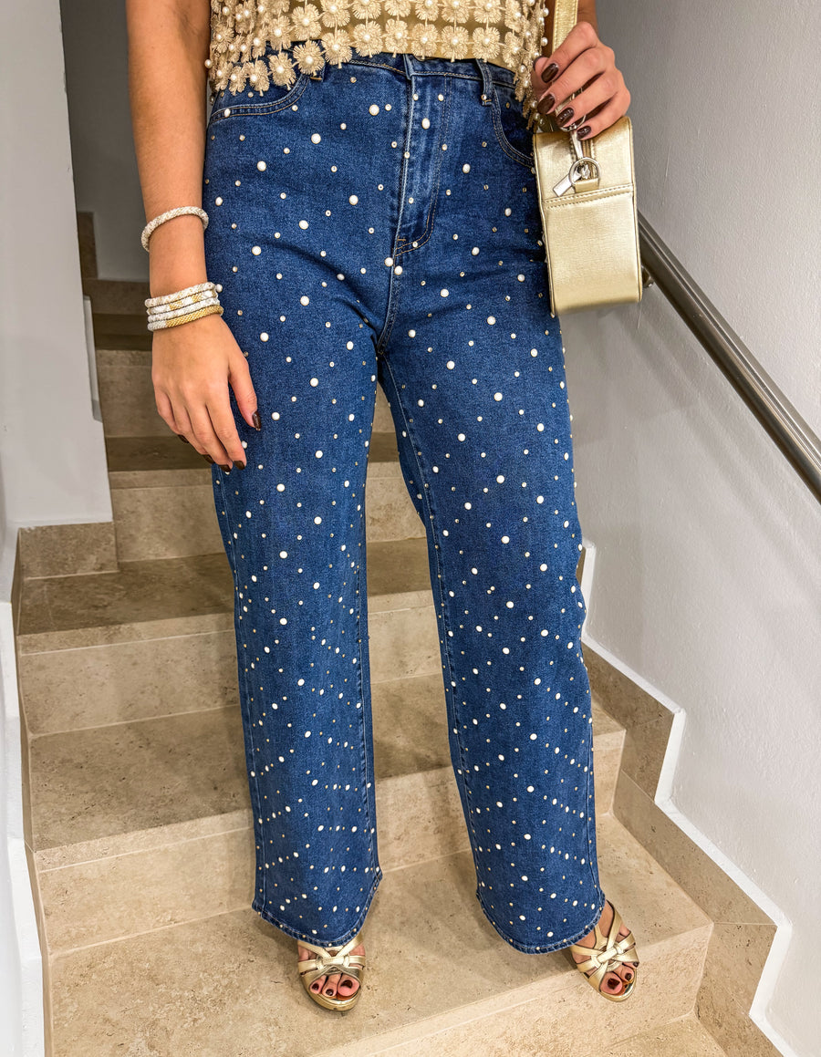 PEARL/RHINESTONES STRETCHY LONG JEANS