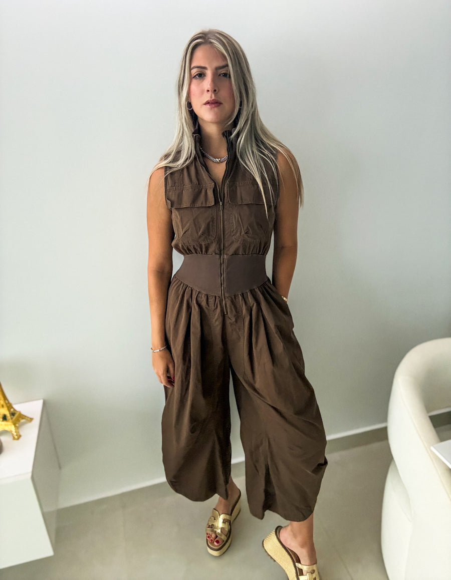 BROWN ZIPPER FRONT BARREL JUMPSUIT