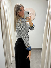 BLACK STRIPED DENIM LONG SLEEVE TRIM TOP