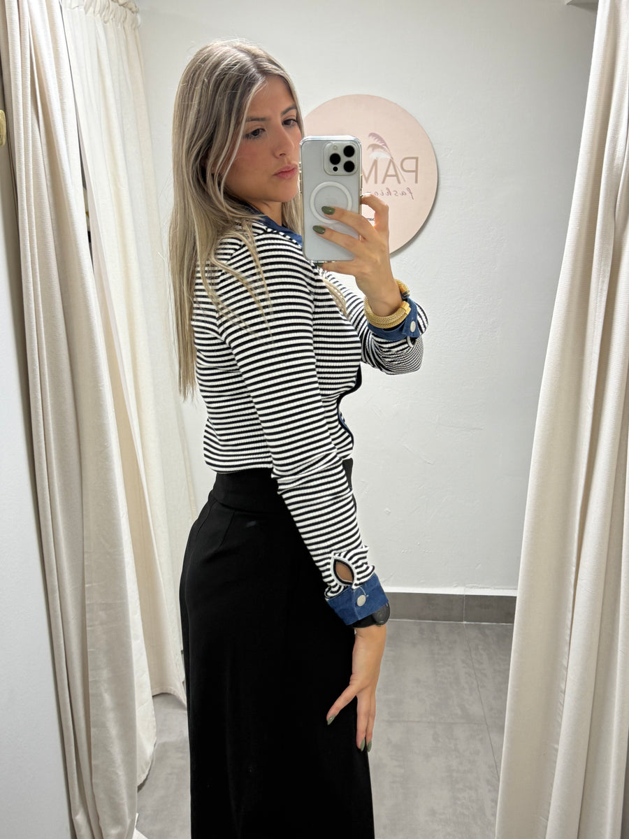 BLACK STRIPED DENIM LONG SLEEVE TRIM TOP