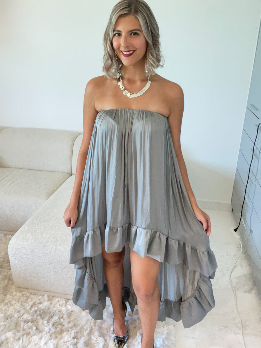 LIGHT GRAY STRAPLESS HIGH LOW DRESS